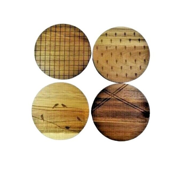 Acacia Wood Coasters 4-Piece Laser Etched Design Trees Birds on Wire New Boxed - Picture 2 of 2